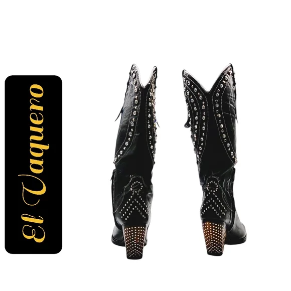 El Vaquero Valerio Giuntoli Black Studded Italian Leather Boots – Handcrafted - Picture 4 of 10